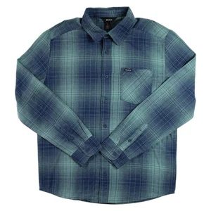 RVCA Cruz Flannel Shirt Mens S Blue Green Plaid Long Sleeve Button Up $70 NEW - Picture 1 of 9
