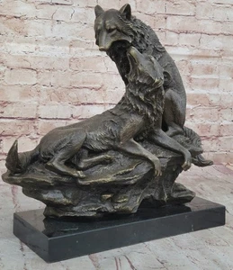 BEAUTIFUL PURE BRONZE MOUNTED WOLVES STATUE BUST ART DECO MARBLE BASE SCULPTURE - Picture 1 of 10
