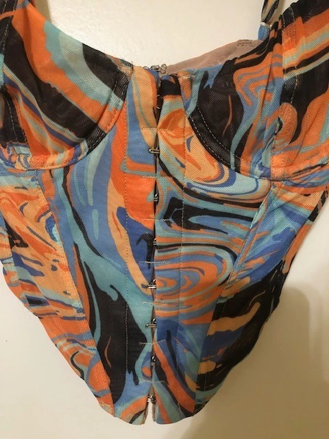 White Fox Womens Small Multicolor Marble Print Full Zip Bustier Corset Crop Top - Image 1 of 4