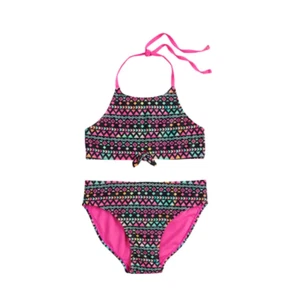 So Girl's 2 Piece Swimsuit Size 7 / 8, Bright Pink & Black Print, Halter Top - Picture 1 of 3