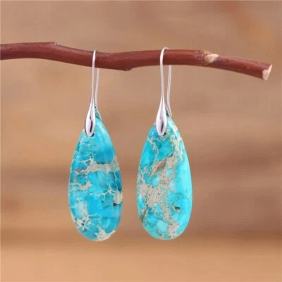 Natural Turquoise Stone Drop Earrings Teardrop Silver Hook for Healing Handmade - Image 1 of 4