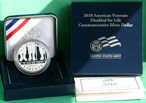 2010 American Veterans Disabled 4 Life 90% Silver Dollar Proof Coin with Box COA Cover