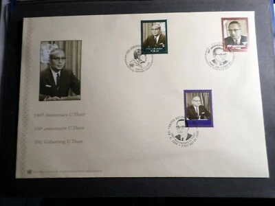 Naciones Unidas ONU, FDC 1° Día, U Thant, 6.2.2009, 3 matasellos, Viena, Ginebra y Nueva York Foto 1 de 2