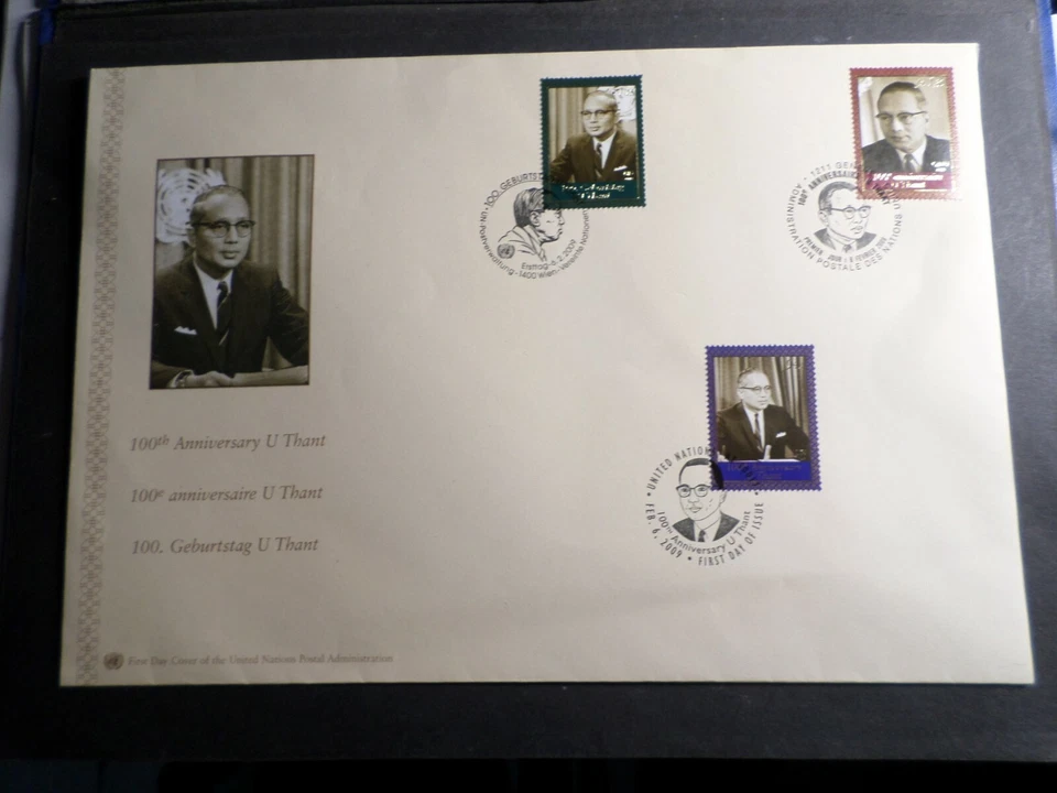 Naciones Unidas ONU, FDC 1° Día, U Thant, 6.2.2009, 3 matasellos, Viena, Ginebra y Nueva York Foto 1 de 2