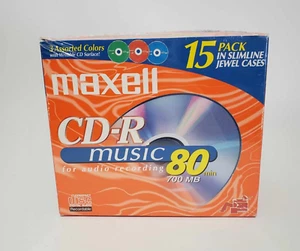 MAXELL CD-R 80 MIN MUSIC DISCS 3 ASSORTED COLORS 15-PACK IN SLIM JEWEL CASES-NEW - Picture 1 of 3