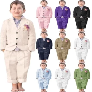 Boys Linen Suit 2 Piece Boys Summer Beach Suit Kids Wedding Tuxedo Blazer Set - Picture 1 of 20