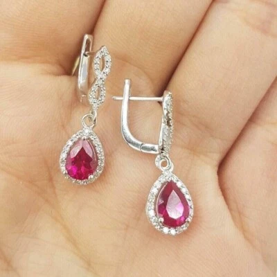 2.15 Ct Pear Cut Lab Created Ruby Drop Dangle Earrings In 14K White Gold Plated - Image 1 of 4