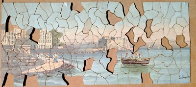 Vintage Wooden Jigsaw Puzzle Coastal fishing town	128	15x7 - Image 1 of 4