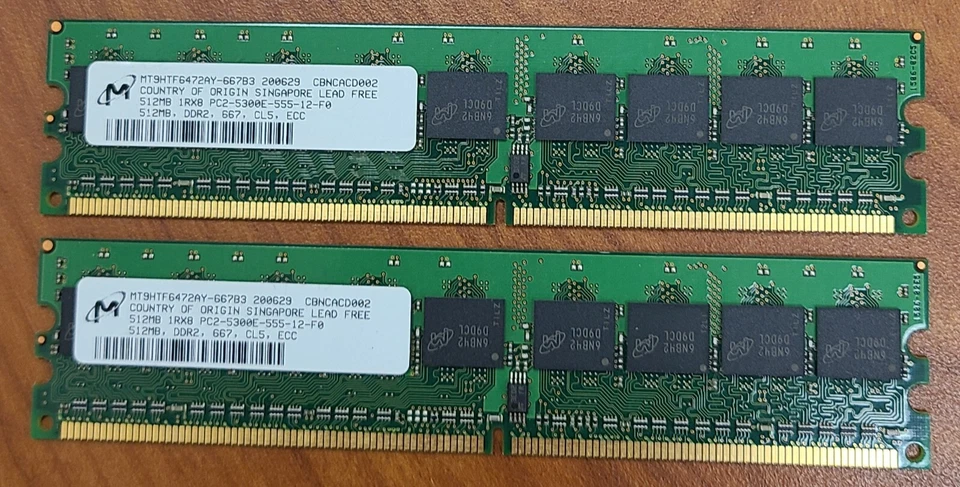 Micron 1GB ECC DDR2 Desktop Ram Kit 2 x 512mb PC2-5300E MT9HTF6472AY-667B3 Match - Image 1 of 1