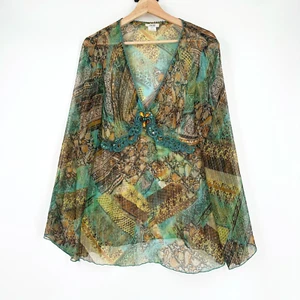 VTG Y2K Cache Silk Babydoll Top Large Forestfairy Embellished Sheer Whimsy - Picture 1 of 7