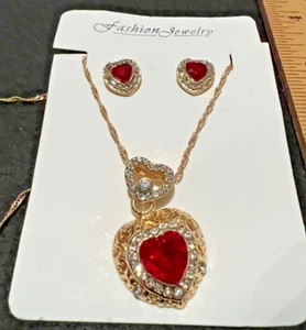 Royal Gold Tone Red & White Cubic Zirconia Heart Necklace & Earrings Set - Picture 1 of 7