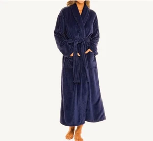 Amanda Stewart Intimates Women’s Navy Blue Plush Bath Robe Pockets Size L - Picture 1 of 12