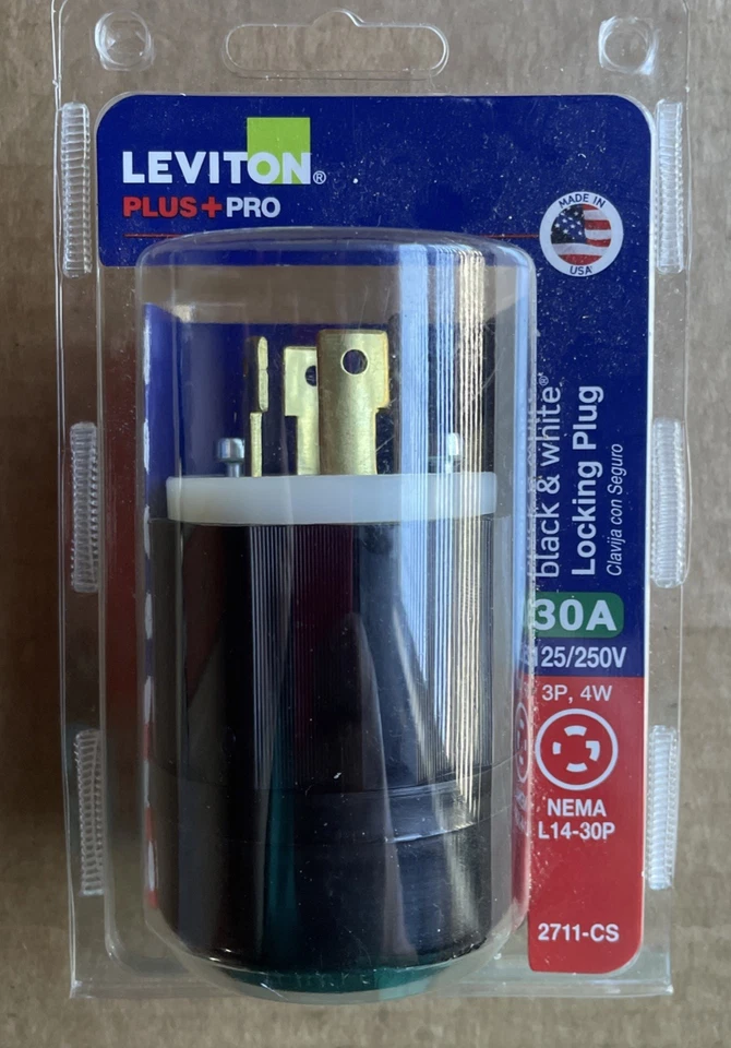 Industrial Grade Plug Black White Leviton 250v Locking 30 Amp Grounding 4 Prong