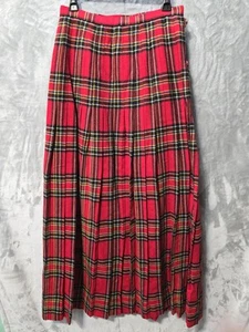 Vintage Red Plaid Tartan Pleated Button Front Skirt Womens Long Wool Blend *read - Picture 1 of 9