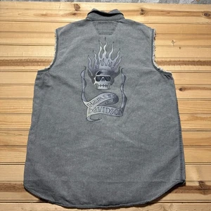 Vintage Y2K Harley Davidson Skull Cut Off Frayed Sleeve Button Up Vest Large - Picture 1 of 12