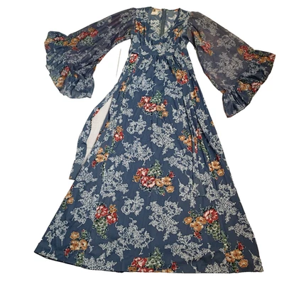 vtg Maxi Dress Size 7 Blue/gray Floral Bohemian Prairie v neck floral - Image 1 of 4