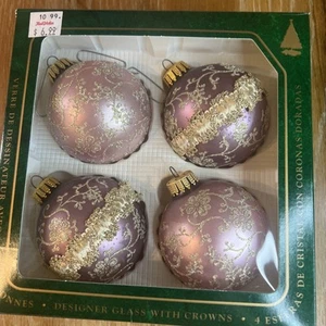 Lote de 4 adornos bolas de vidrio brillantes rosa púrpura y dorado Krebs de Navidad vintage - Imagen 1 de 6