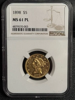 1898 Gold Half Eagles Liberty Head NGC MS-61 PL RARE! - Image 1 of 2
