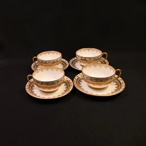 JPL Pouyat Limoges 4 Cups & Saucers Hand Painted Brown Acorns w/Gold 1900-1920 - Picture 1 of 24