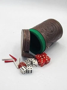 Vintage PYMSA Mexico Felt Lined Leather Dice Cup Extras Games Bar Tooled Poker - Picture 1 of 5