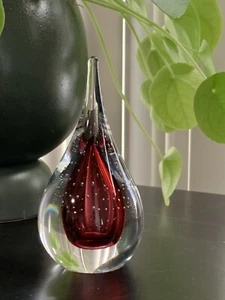 Crystal Teardrop Art Glass Paperweight Controlled bubble Red Pink- 5.5" Poland - Picture 1 of 12