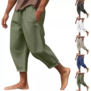 Men's Solid Color Beach Pants With Slit Cuffs Comfort Breathable Casual Trousers - Picture 1 of 35