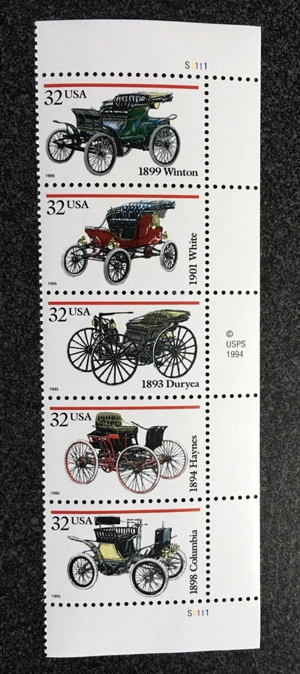 1995USA #3019-3024 32c Antique Automobiles - Right Side Plate Strip of 5  Mint - Image 1 of 1