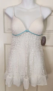 NEW Secret Treasures Babydoll Cream/Ivory Floral Lace Ruffle Blue Satin & Bows S - Picture 1 of 6