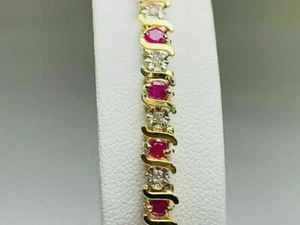 7Ct Lab-Created Ruby & Diamond Tennis Women's Bracelet 14K Yellow Gold Plated - Picture 1 of 4
