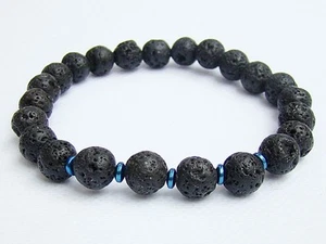 Elasticated BLACK LAVA Men's 8mm beads gemstone streachable bracelet - Picture 1 of 2