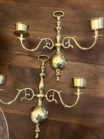 Vintage PAIR Georgian Style 2 Arm Wall Mount Sconce Brass Candle holder~NICE Cover