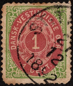Danish West Indies Stamp Scott # 5e Used 1 Cent Green & Claret Numeral of Value - Picture 1 of 1