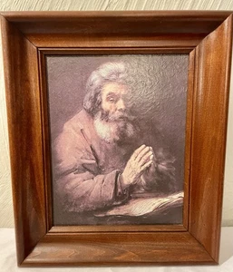 AN ELDERLY MAN IN PRAYER PRINT Vintage Wood Frame 13 X 11 Excellent Condition - Picture 1 of 8