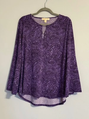 MICHAEL KORS WOMEN'S TOP. SIZE: L PURPLE PAISLEY BELL SLEEVES ROUND NECK - Image 1 of 4