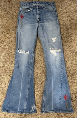 Vintage 1970s Levi’s Orange Tag Bell Bottom Embellished Dragon Pants 32x36 - Image 1 of 4