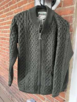 Cárdigan tejido cremallera completa lana merino verde Irlanda Aran Crafts para mujer talla M Foto 1 de 4