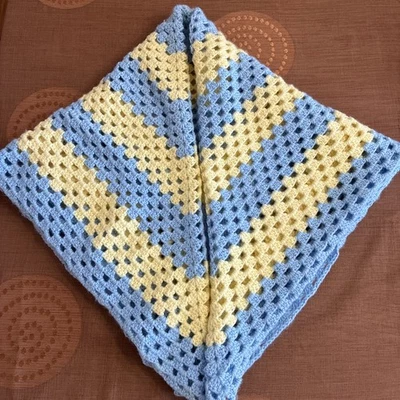Handmade Baby Blanket Throw 34” X 34”  Blue & Yellow Crochet - Image 1 of 4