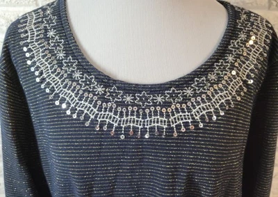 Camisa Laura Scott Top Manga 3/4 XL Azul Marino Plateada Lentejuelas Embellecida Scoop NUEVA Foto 1 de 4