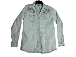 Rock 47 Wrangler L/S Crystal Pearl Snap Blue Embroidered Western Shirt Womens La - Picture 1 of 5