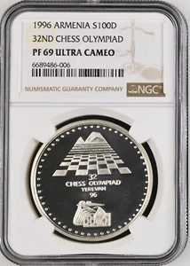 1996 ARMENIA SILVER 100 DRAM 32ND CHESS OLYMPIAD - NGC PF 69 ULTRA CAMEO - Picture 1 of 2