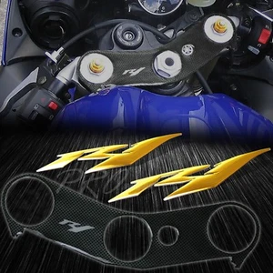 Handle Yoke Carbon Fiber Look Cover+Chrome Gold Emblem Sticker for 04-08 YZF R1 - Picture 1 of 6