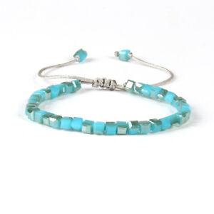 Glasperlen Makrame Armband türkis Aqua Kristall blau verstellbar eckig Perlen