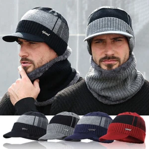 Outdoor Warm Winter Peak Peaked Beanie Visor Fleece Lined Hat Cap With Scarf - Picture 1 of 19