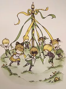 Joan Walsh Anglund Kunstdruck 1963 Frühling ist ein neuer Anfang 14" x 11" Maibaum - Bild 1 von 5