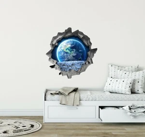 Hole in the Wall EARTH FROM MOON 3D Wall Decal Space Vinyl Wall Sticker Graphic - Picture 1 of 3