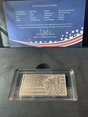 2023 Gana Silver Eagle alto relevo envelhecido 2 oz .999 barra de prata bandeira americana - Imagem 1 de 3