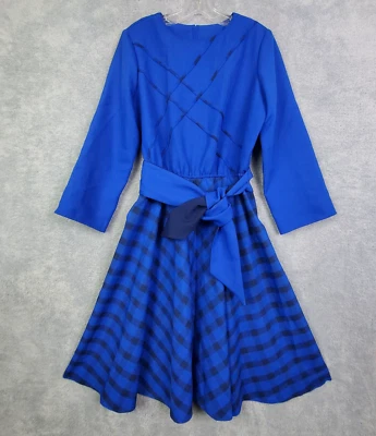 Vtg 60s Herman Marcus Dress Size M L Blue Plaid Fit N Flare Crew Neck Belted Zip - Image 1 of 4