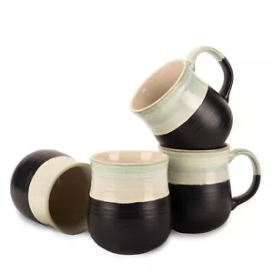 Set of 4 Two-Toned 16oz Ceramic Coffee Mugs Black Green Stoneware Cups - Picture 1 of 6