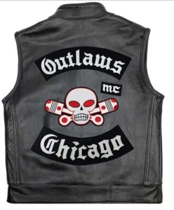 Handmade Outlaws MC Chicago Biker Vest, Leather Club Cut, Black Motorcycle Vest - Picture 1 of 3