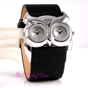 Impresionante reloj de diseño negro plateado damas búho pájaro doble tiempo doble esfera múltiple - Imagen 1 de 4